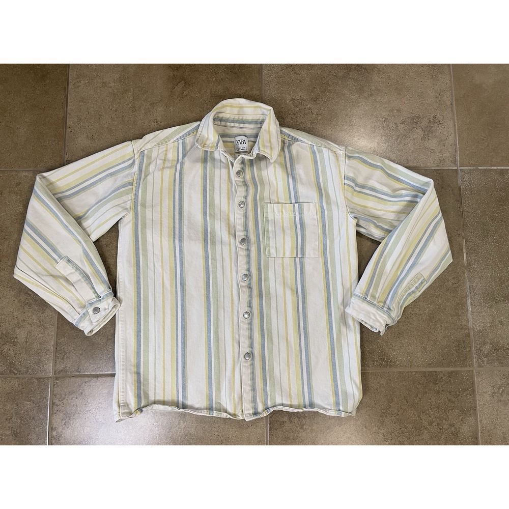 ZARA Men's Sz S Striped Denim Overshirt Cream Relaxed Fit Button Jacket